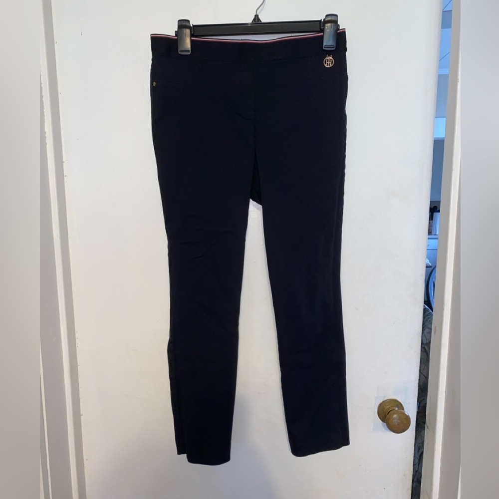 Tommy Hilfiger Flat Front Stretch Ankle Pants Womens Small Petite Black Logo